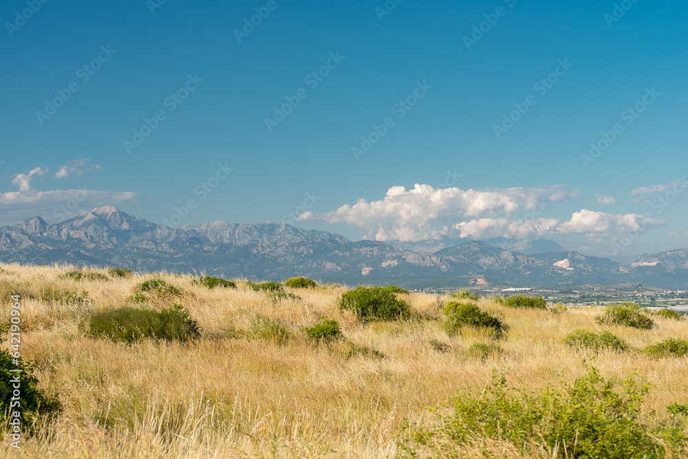 Panorama. Daytime landscape with a mountain range and a field with dry tall grass. Mountains in Antalya province, Türkiye.