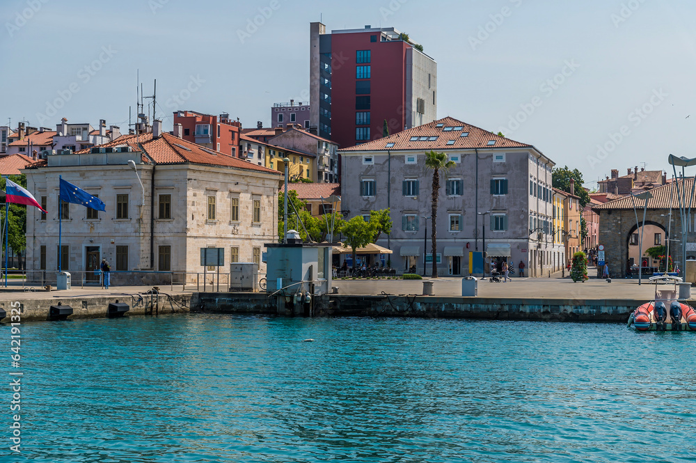 A view towards the quayside buildings in Koper, Slovenia in summertime