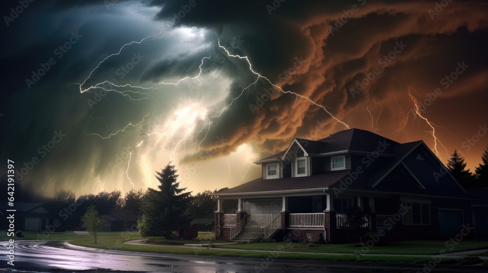 powerful tornado sweeping through a suburban area, with bright lightning strikes lighting up the formidable sky.