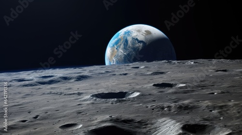 Stunning View of a Large Earth as Seen from the Moon's Surface, Celestial Panorama