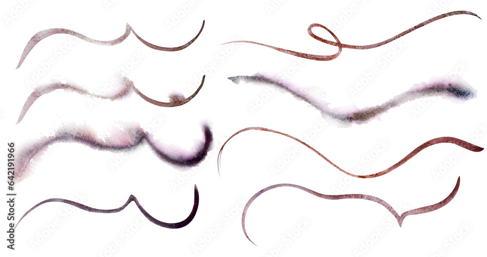 Hand drawn loose abstract watercolor glitter line, trace wave ripple, purple ribbon swirl. Illustration isolated single objects, white background. Design for poster, print, website, card, invitation Hand drawn loose abstract watercolor glitter line, trace wave ripple, purple ribbon swirl. Illustration isolated single objects, white background. Design for poster, print, website, card, invitation