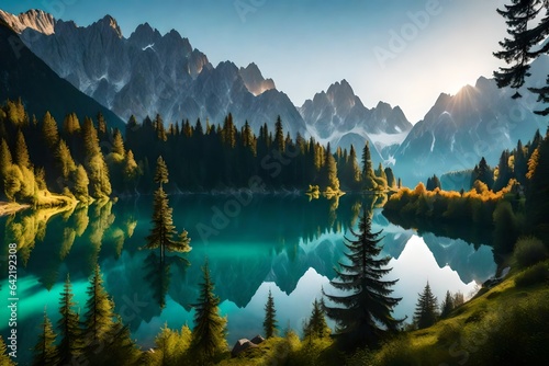 Calm morning view of lake. Colorful summer sunrise in Julian Alps with Mangart peak on background, Province of Udine, Beauty of nature concept background 