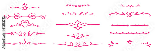 Set of pink handrawn decorative divider elements. Border florish frames collection. Girlish barbie Vector.