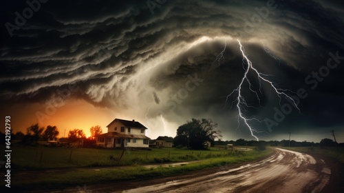 The wrath of nature monstrous tornado crashing into the rural landscape as lightning streaks across the sky.