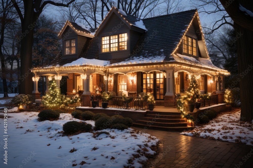 Bright house decorated for Christmas enchants neighborhood., generative IA