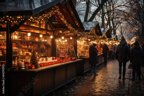 Christmas market: colored tents selling food and handicrafts, sparkling tree in the center., generative IA