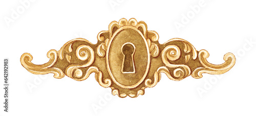 Vintage bronze golden keyhole isolated on white background. Watercolor hand drawn illustration sketch photo