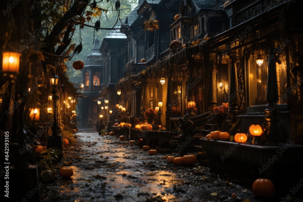 Dark House Decorated for Halloween Party with illuminated pumpkins and scary decorations., generative IA