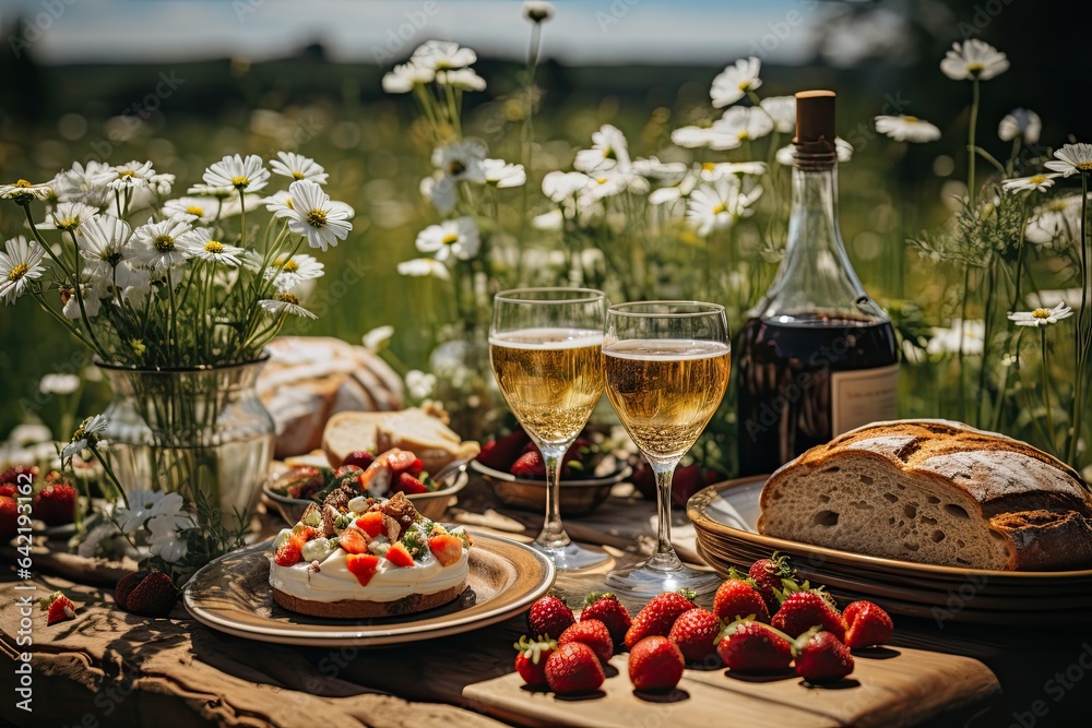 Romantic picnic: basket of delicacies under blue sky., generative IA