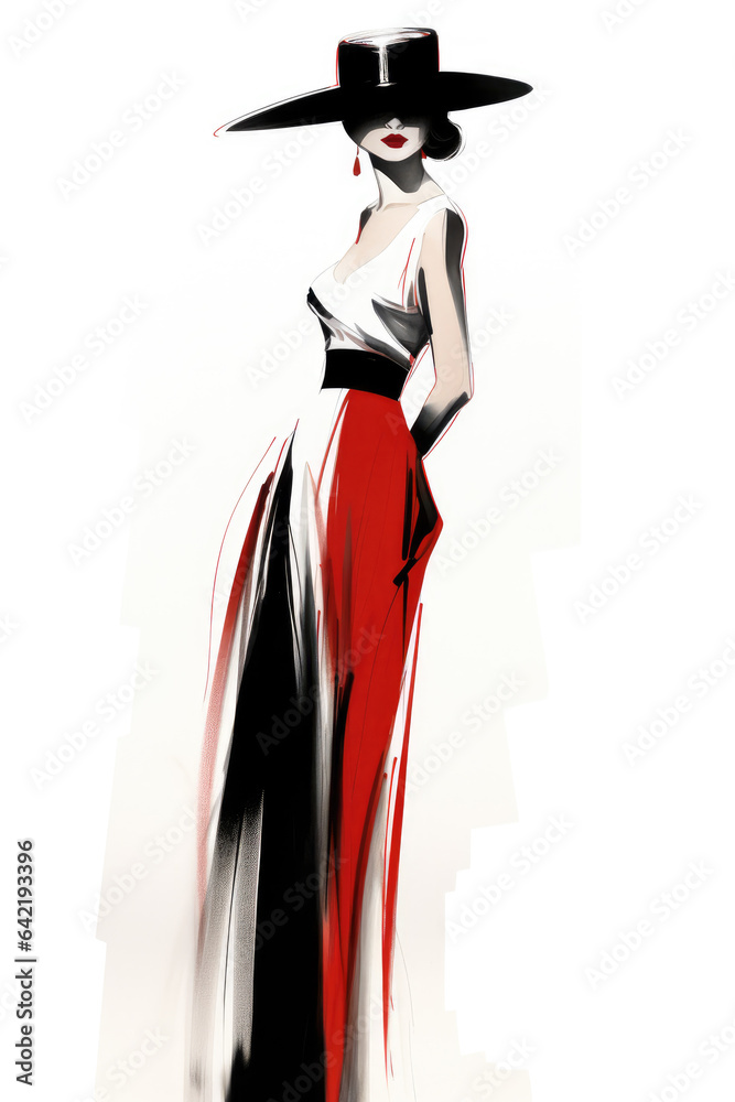 Young woman wearing elegant hat and dress with red lips makeup. Sexy female sketch, fashion model. Black, red and white drawing Young woman wearing elegant hat and dress with red lips makeup. Sexy female sketch, fashion model. Black, red and white drawing