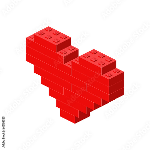 Heart in isometry assembled from bricks. Vector illustration. Pixel art
