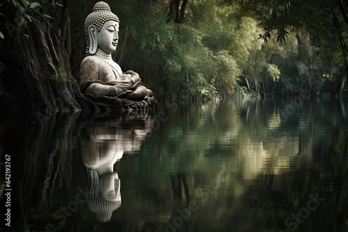 Serene Buddha by the lake, tranquil reflections., generative IA