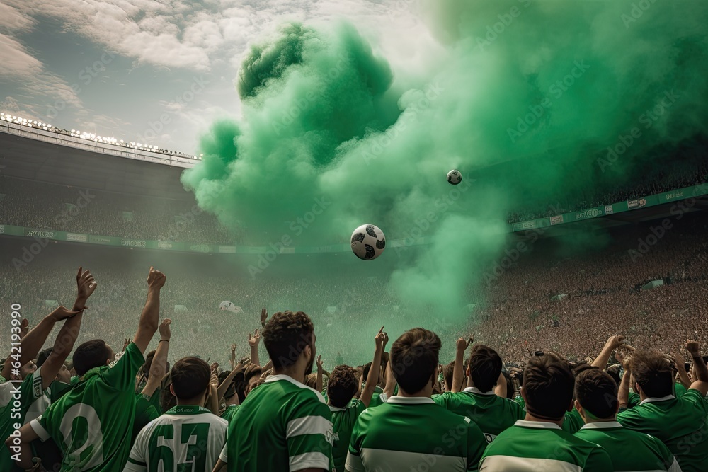 Intense soccer match: field, players, fans. Emotion!, generative IA