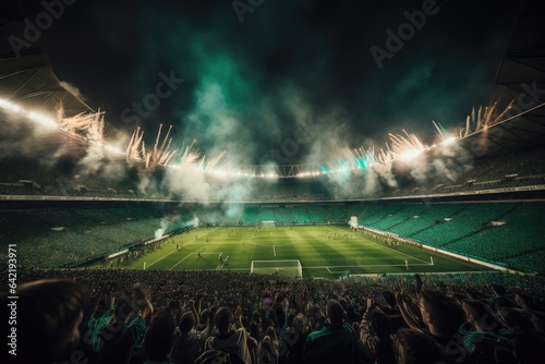Boiling stadium, exalted fans, soccer in action., generative IA
