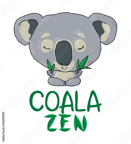 Cute coala bear with eucalyptus leaves practicing zen