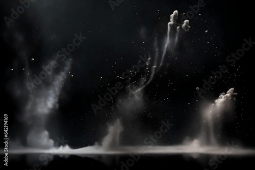 Set of dust powder splash clouds isolated on black. Flour particles exploding over dark background 