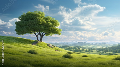  a serene 3D rendering scene featuring a lush green tree standing tall in a picturesque countryside field © Ahtesham