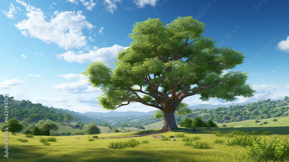  a serene 3D rendering scene featuring a lush green tree standing tall in a picturesque countryside field