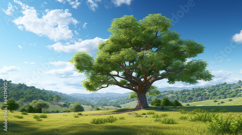 a serene 3D rendering scene featuring a lush green tree standing tall in a picturesque countryside field