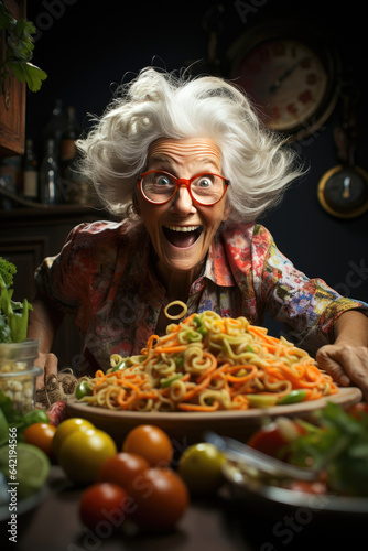 Funny elderly woman at home in the kitchen is preparing dinner with joyful expressive. Generative AI