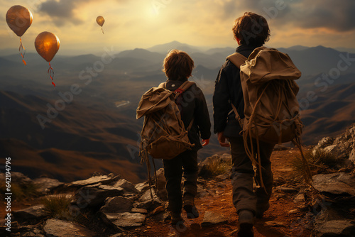 Back view of two little boys hikers with backpacks standing on top of the mountain