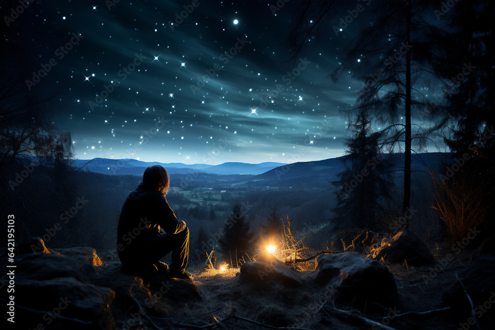 Silhouette of a man sitting on the edge of a forest and looking at the starry sky Silhouette of a man sitting on the edge of a forest and looking at the starry sky