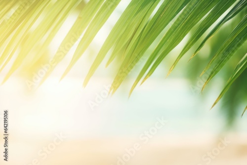 Blur beautiful green palm leaf on tropical beach