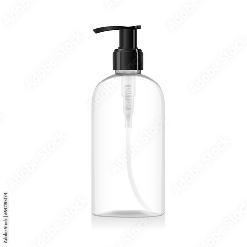 Blank clear glass bottle mockup with black pump isolated on white background. Transparent plastic packaging. Shampoo, sanitizer or liquid soap dispenser. 3d vector cosmetic bottle mockup template