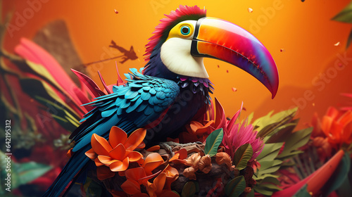 3D rendering of a tropical toucan bird in colorful digital art style.