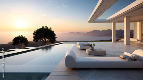 An elegant house with an infinity pool becomes a tranquil oasis against the backdrop of the Mediterranean horizon. The high-detail photography showcases the seamless blend of indoor and outdoor living