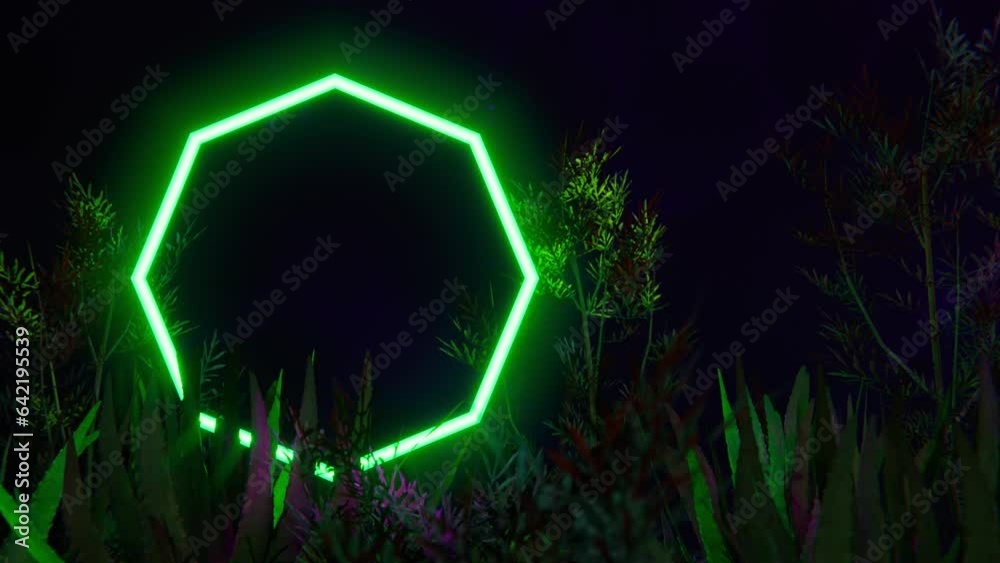 Octangle Light Backround Green neon octagonal light among tropical jungle. Loop 3d animation ...