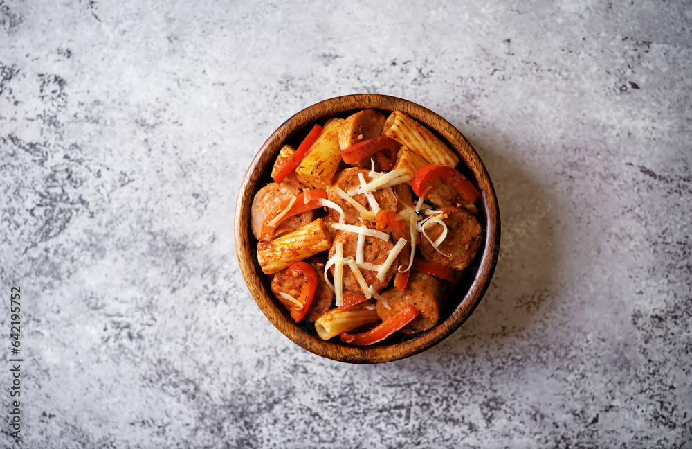 Meat sausage tomato sauce pasta in a bowl Meat sausage tomato sauce pasta in a bowl