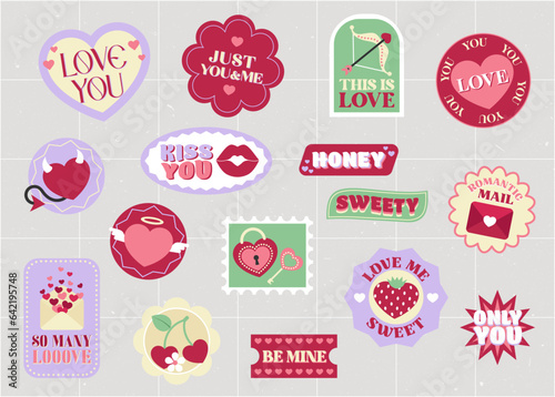Trendy Stickers Set. Love. Kiss. Sweety. Honey. Lovers. Be mine. Only You. Stickers pack or icons collection. Vector illustration