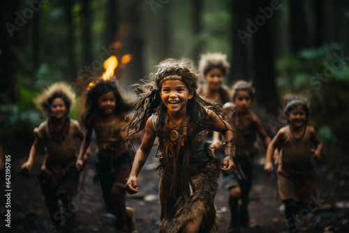 Native American children playing in the jungle