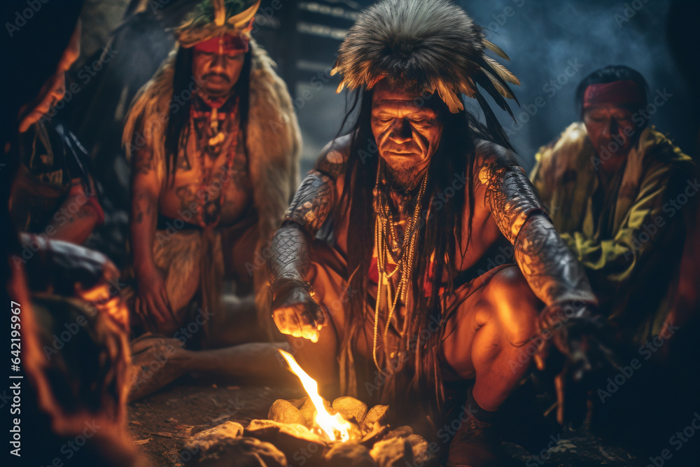 Group of Native Americans in the jungle around the fire