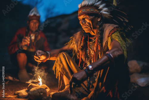 Old Native American man doing a ritual in front of the fire © Andrés Martínez