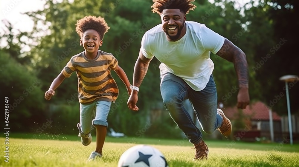African American father and his son energetically playing football in the backyard. - obrazy, fototapety, plakaty 
