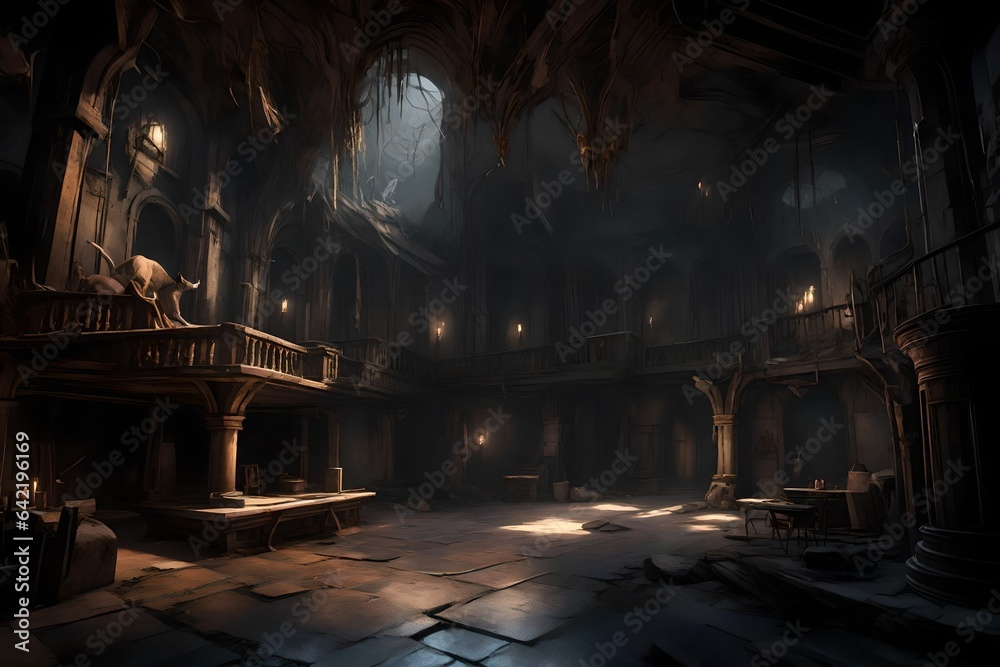 3D depiction of Scar's lair, complete with eerie lighting and hyenas lurking in the shadows