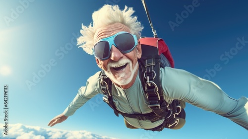 Funny and smiling elderly man has fun skydiving. Generative AI