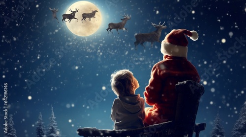 Christmas. Child sitting next to Santa Claus looking at him in amazement. He reindeer flying over a huge full moon while snowing.