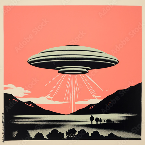 Vintage Alien spaceship Sci-Fi Art. UFO in a retro science fiction style. 
