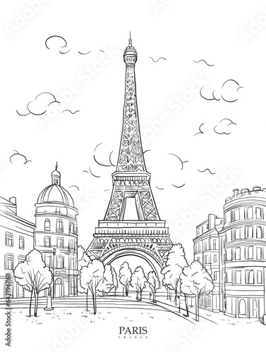 Eiffel Tower in Paris city landscape, minimalism, line art, white background