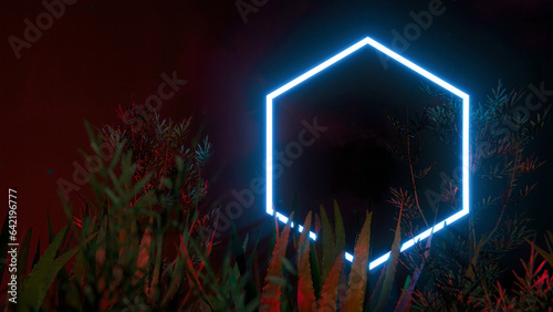 Blue neon hexagon among tropical plants. 3d illustration. Futuristic background