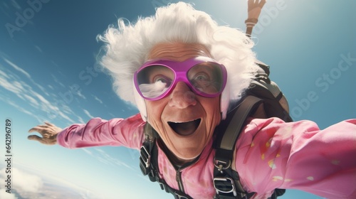 Leinwand Poster Funny and smiling elderly woman has fun skydiving. Generative AI