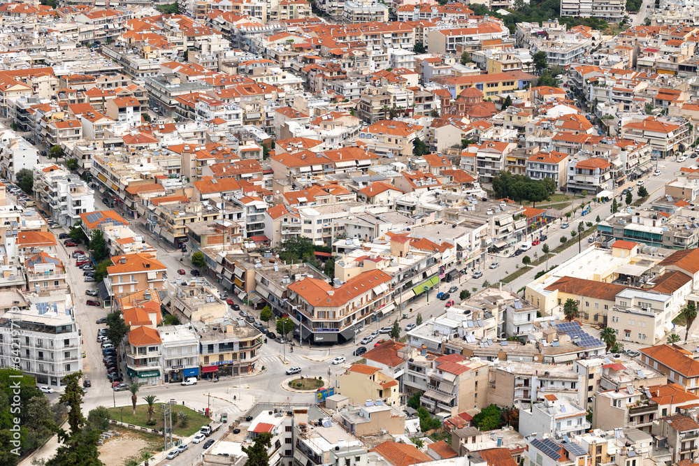 Nafplio, Greece city aerial view displaying houses with orange rooftops, streets and roundabout