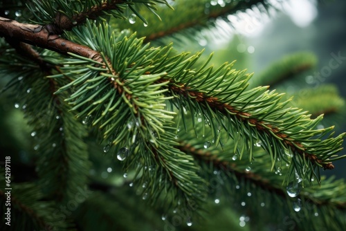 Spruce branches with dew drops  close-up