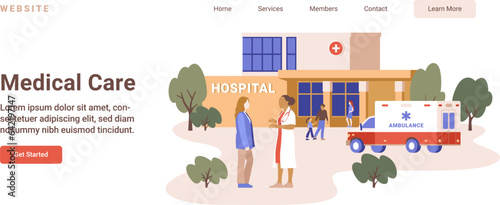 Flat vector illustration of hospital building and doctor talking to patient isolated on white background. Medical care concept. Hospital facilities and services website template.