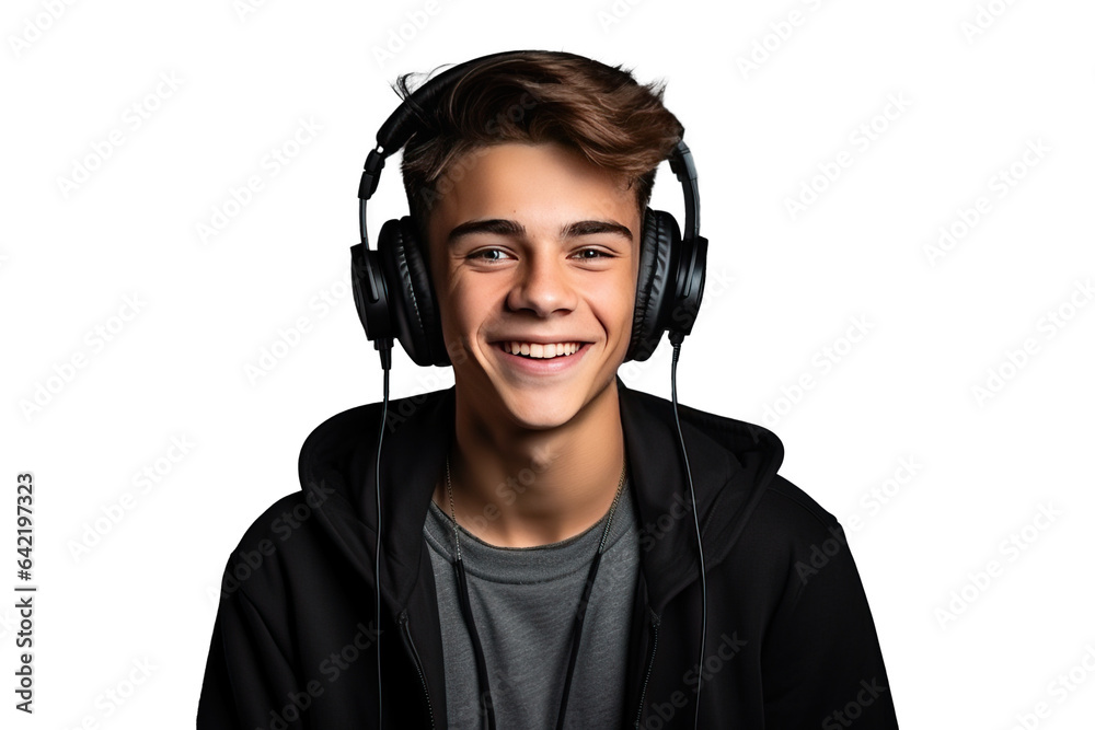 isolated png portrait of smiling teenager wearing headphone listening to music isolated png portrait of smiling teenager wearing headphone listening to music
