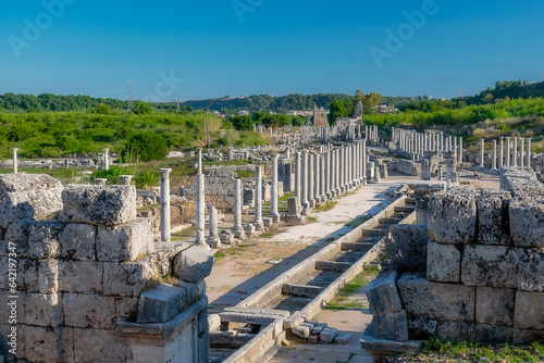 Aqueduct in the ancient city of Perge. Ruins of the city of Perge in Turkey.