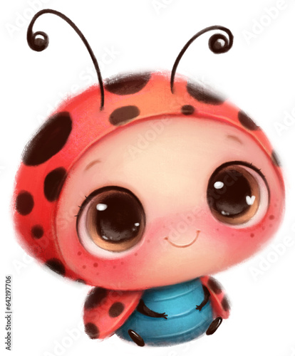 Illustration of a cute cartoon baby ladybug. Cute animals. Little animals. Transparent background, PNG © Bonbonny
